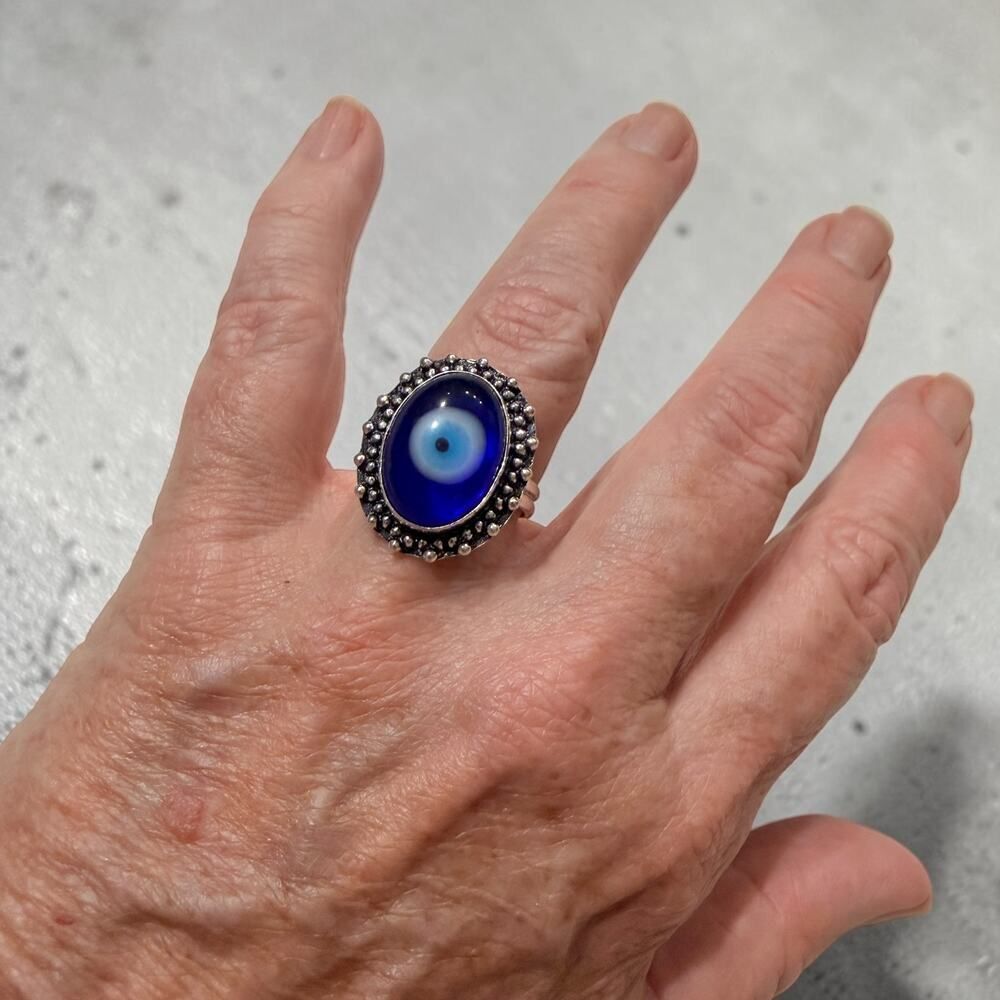 Blue Evil Eye Glass Cabachon 925 Silver Plated Ring Size 9